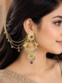 OOMPH - Matte Gold Kashmiri Chandbali Jhumka Earrings with Hair Kaan Chain