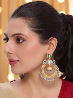 Fabula - Green Chandbali Earrings Gold and Silver Kashmiri Design Ghungroo Detailing