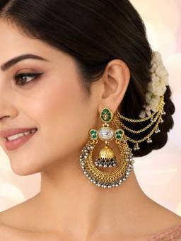 OOMPH - Green Kashmiri Chandbali Earrings with Hair Kaan Chain with Ghungroo
