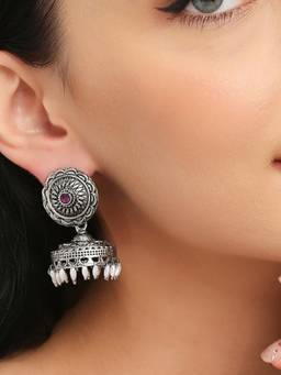 Fabula - Oxidised Silver Magenta Stone with Beads Ethnic Jhumka Earrings