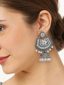 Fabula - Oxidised Silver Tone Kundan and Pearls Floral Large Ethnic Drop Jhumka Earring