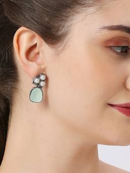 Fabula - Oxidised Silver Small Ethnic Drop Earrings Mint Green Opal MoonStone