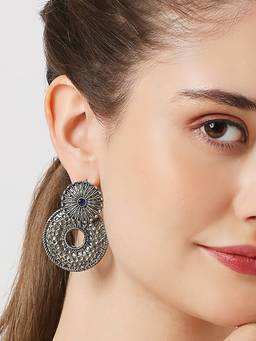 Fabula - Oxidised Silver Ethnic Drop Earrings Hand Made Hammered Look Silver Look Alike