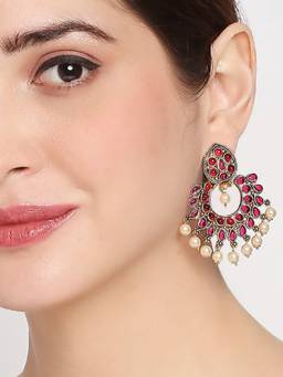 Fabula - Ruby Red Kemp Stone and Pearls Chandbali Earrings