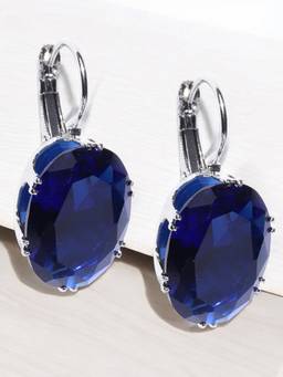 OOMPH - Silver Oversized Oval Deep Blue Cubic Zirconia Anti Tarnish Ear Drop Earrings
