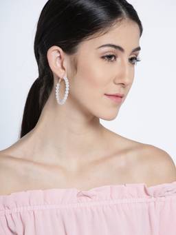 Fabula - White Large Pearl Party-Wear Hoop Earrings
