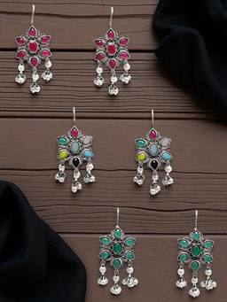 Fabula - Pack of 3 Oxidised Silver Jhumka and Drop Earrings Multi-Color Stones