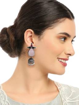Fabula - Pink Monalisa Stone Oxidised Silver Jhumka Earrings