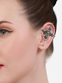 Fabula - Oxidised Silver Bugadi Ear Cuff Earrings Tribal Geometric Shape with Ghungroo