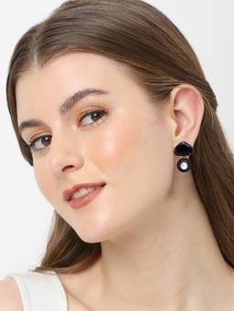 Fabula - Black Stone and Pearl Silver Oxidised Drop Earrings