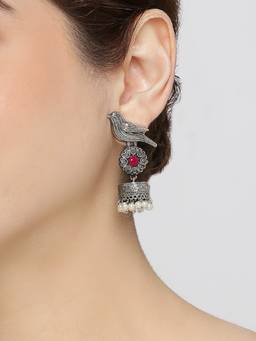 Fabula - Oxidised Ethnic Drop Earrings Red Stones Geometric Floral Design