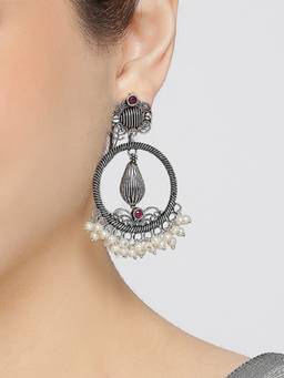 Fabula - Oxidised Silver Look Alike Maroon Stone Large Round Floral Ethnic Drop Earrings