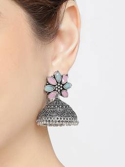Fabula - Oxidised Silver Mint Green and Pink Stone Floral Ethnic Large Jhumka Earrings