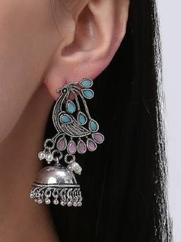 Fabula - Oxidised Silver Ethnic Drop Earrings Silver Look Alike Pearls Studded