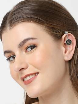 Fabula - Pair of Oxidised Silver Heart Shape Floral Ethnic Ear Cuff Earrings