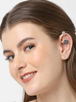 Fabula - Pair of Oxidised Silver Floral Ethnic Ear Cuff Earrings
