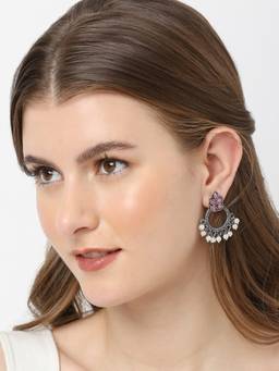 Fabula - Oxidised Silver Look Alike Pearls Floral Design Ethnic Small Drop Earrings