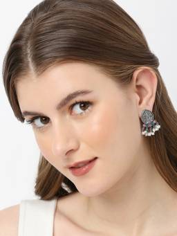 Fabula - Oxidised Silver Look Alike Pink Stone and Pearls Floral Design Small Drop Earrings
