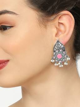 Fabula - Oxidised Silver Ethnic Drop Earrings Green and Pink Stones Leaf Floral Shape