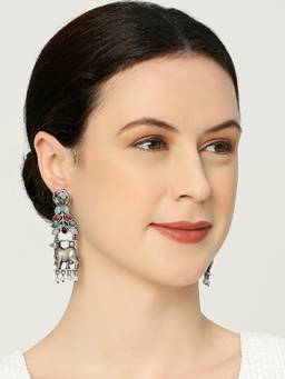 Fabula - Silver Oxidised Silver Look Alike Made in Indian Cow Shape Ethnic Drop Earrings