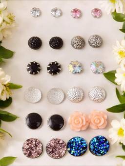 Fabula - Pack Of 12 Crystal and Pearls Stud Earrings