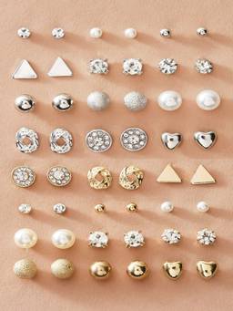 Fabula - Pack of 24 Oxidised Silver Look Alike Stone & Pearls Floral Stud Earrings