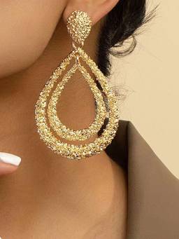 Fabula - Gold Tone Textured Double Layer TearDrop Large Party-Wear Drop Earring
