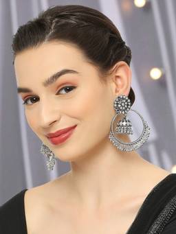 Fabula - Oxidised Silver Chandbali Jhumka Earrings Mirror Kundan Work
