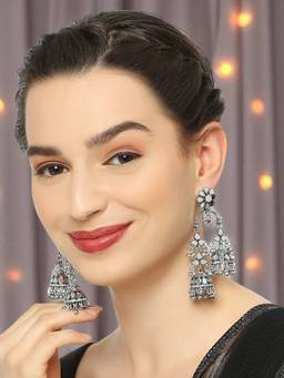 Fabula - Oxidised Silver Jhumka Earrings Mirror Kundan Work