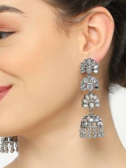 Fabula - Oxidised Silver Jhumka Earrings Mirror Kundan Work