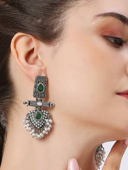 Fabula - Oxidised Ethnic Drop Earrings Silver Look Alike Green Stones and Pearls Studded