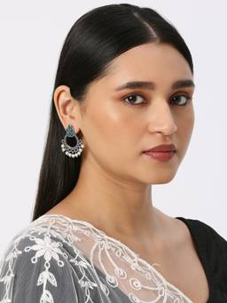 Fabula - Oxidised Silver Ethnic Small Drop Earrings Green Stone and Pearls Floral Design
