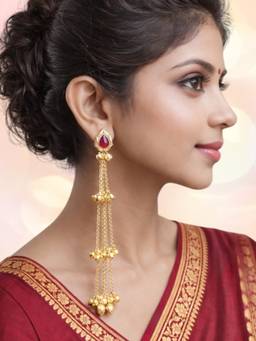 Fabula - Long Kashmiri Drop Earrings Lotus Design with Ghungroo Detailing