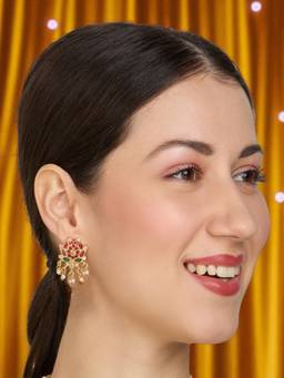 Fabula - Ruby and Green Lotus Drop Earrings Kempu Stone Small Design