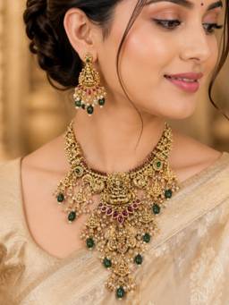 OOMPH - Gold and Green Goddess Laxmi Temple Jewellery Set