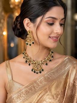 OOMPH - Gold and Green Elephant Design Temple Theme Jewellery Set