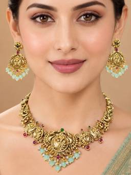 OOMPH - Gold and Mint Green Temple Theme Jewellery Set