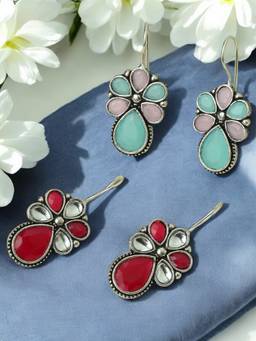 Fabula - Pack of 2 Maroon and Pink Silver Oxidised Ethnic Drop Earrings