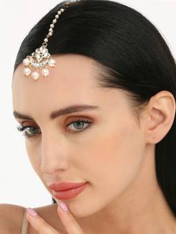 Fabula - Gold Tone Kundan and Pearls Lotus Design Delicate Wedding Maangtikka
