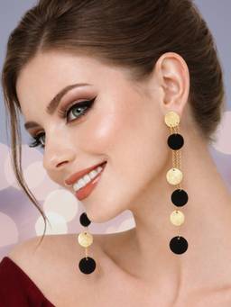 Fabula - Black and Gold Coins and Tassel Drop Earrings Long Design