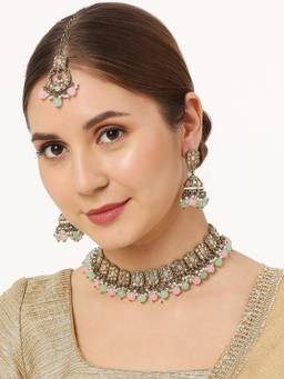 Fabula - Mint Green & Pink Stone Bead Choker Necklace Set with Jhumka Earrings & Maangtikka