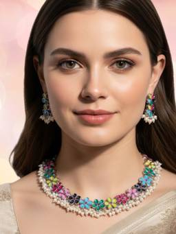 Fabula - Oxidised Silver Multi Color Floral Design Jewellery Set