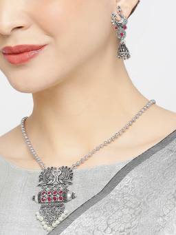 Fabula - Oxidised Silver Look Alike Maroon Stone Peacock Long Necklace Set with Drop Earrings