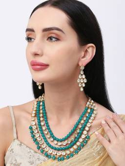 Fabula - Green Kundan & Pearls Heavy Layer Ethnic Mala Long Necklace Set with Drop Earrings