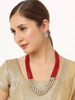 Fabula - Maroon Red Pearls and Kundan Ethnic Mala Long Jewellery Set