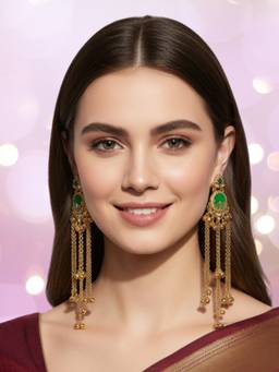 Fabula - Long Kashmiri Drop Earrings Mehndi Gold Tone Green Stone with Ghungroo Detailing