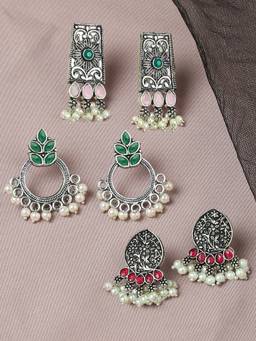 Fabula - Pack of 3 Oxidised Silver Ethnic Drop Earrings Pink, Green and Maroon Stones