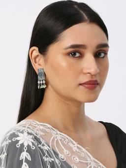Fabula - Oxidised Silver Ethnic Drop Earrings Pink and Green Stones Geometric Floral Design