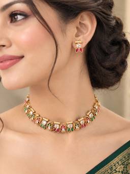 OOMPH - Matte Gold Kundan, Ruby Red and Green Stones Traditional Jewellery Set