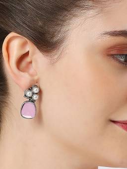 Fabula - Oxidised Silver Small Ethnic Drop Earrings Pink Opal MoonStone